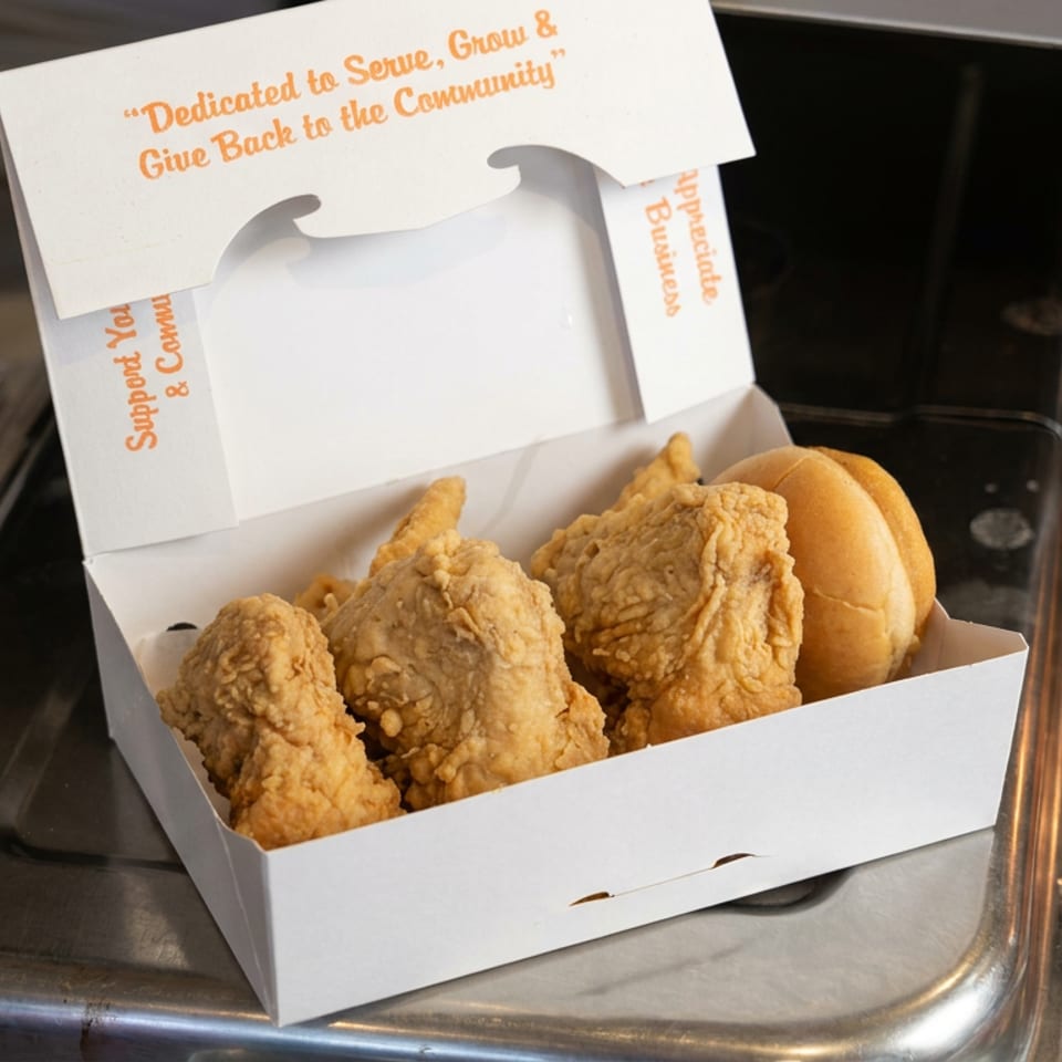 Open takeout box filled with crispy fried chicken and a golden bread roll on a restaurant serving counter.