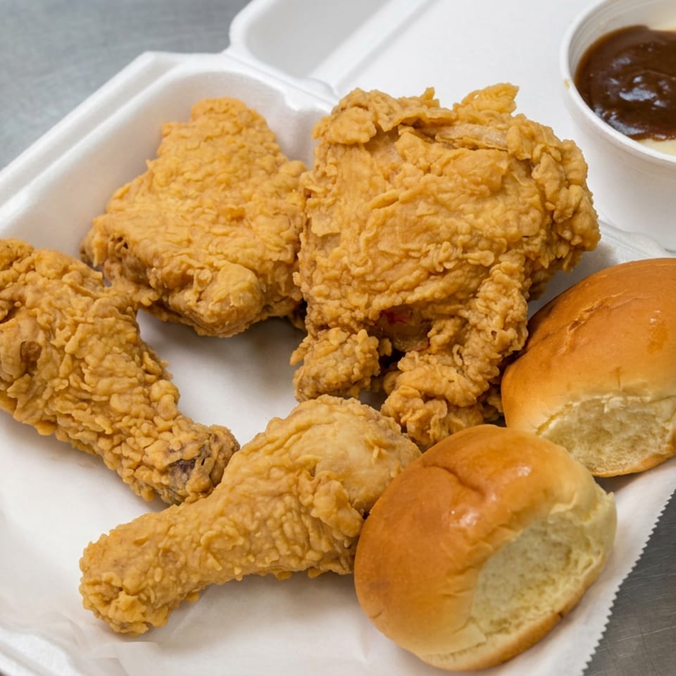 Crispy fried chicken pieces with two dinner rolls and a cup of brown dipping sauce on a white tray.