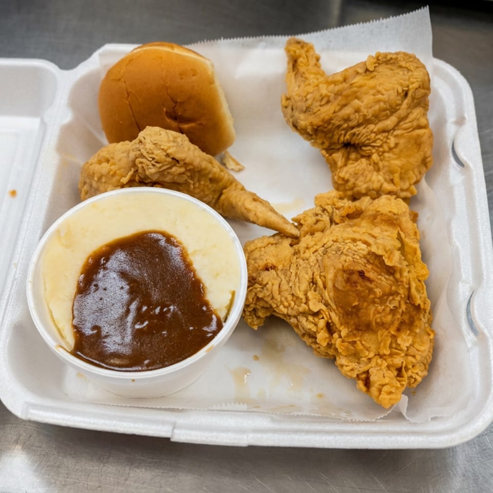 Open takeout container holding fried chicken pieces, a dinner roll, and mashed potatoes topped with brown gravy.