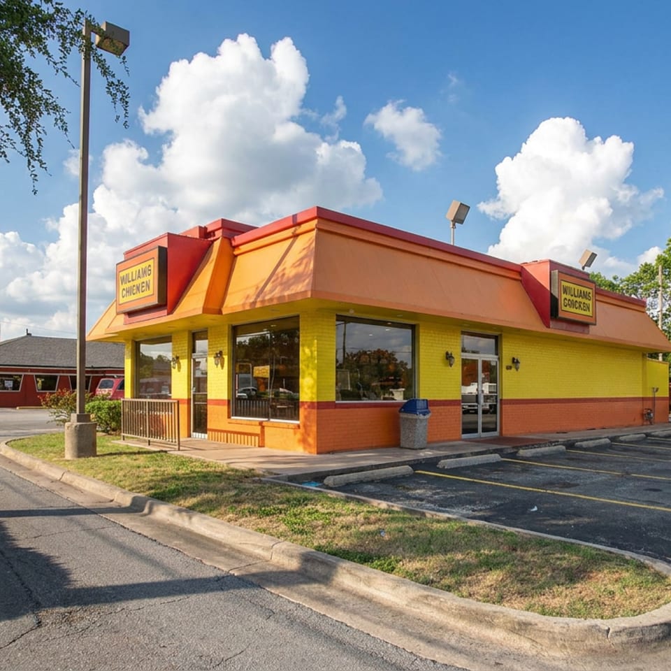 Bright yellow and orange Williams Chicken restaurant beside a mostly empty parking lot on a sunny day.