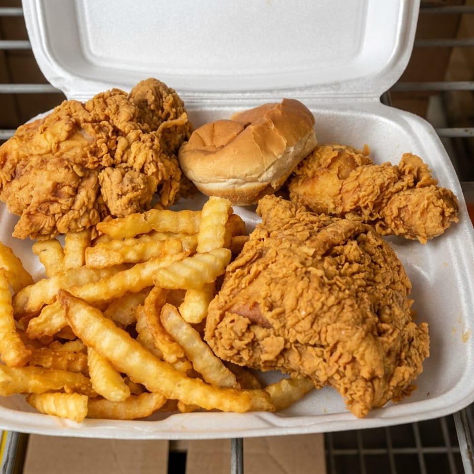 Open foam container holding crispy fried chicken, crinkle-cut fries, and a small bread roll on a metal rack.