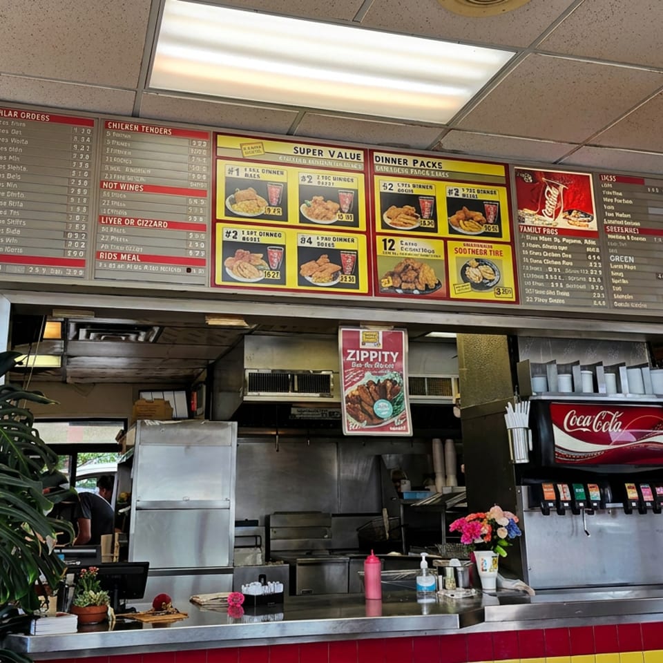 Fast-food restaurant counter with colorful menu boards, soda fountain, stainless-steel kitchen, and tropical plants.