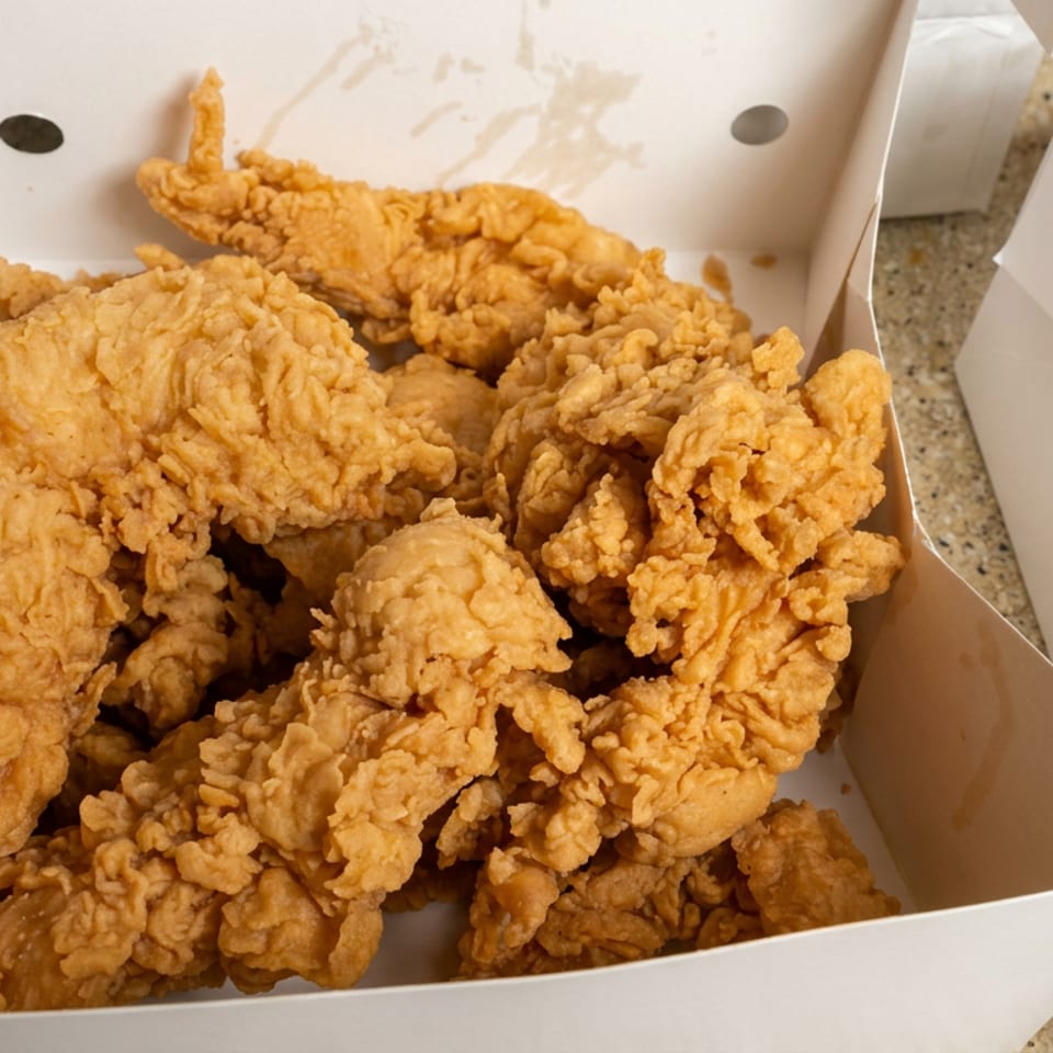 Open takeout box filled with golden crispy fried chicken pieces, with another partially visible box beside it.