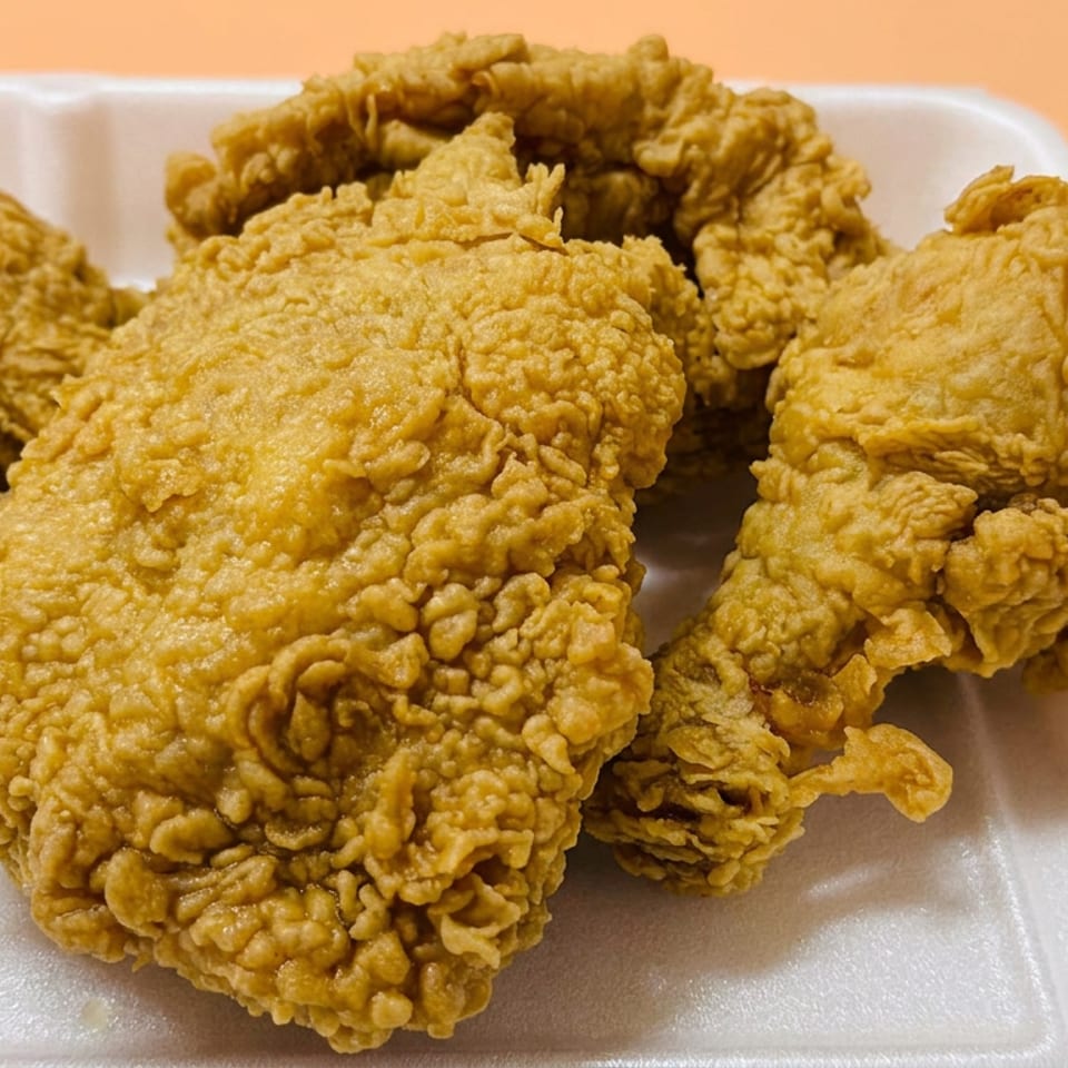 Crispy golden fried chicken pieces piled in a white foam container against an orange background.