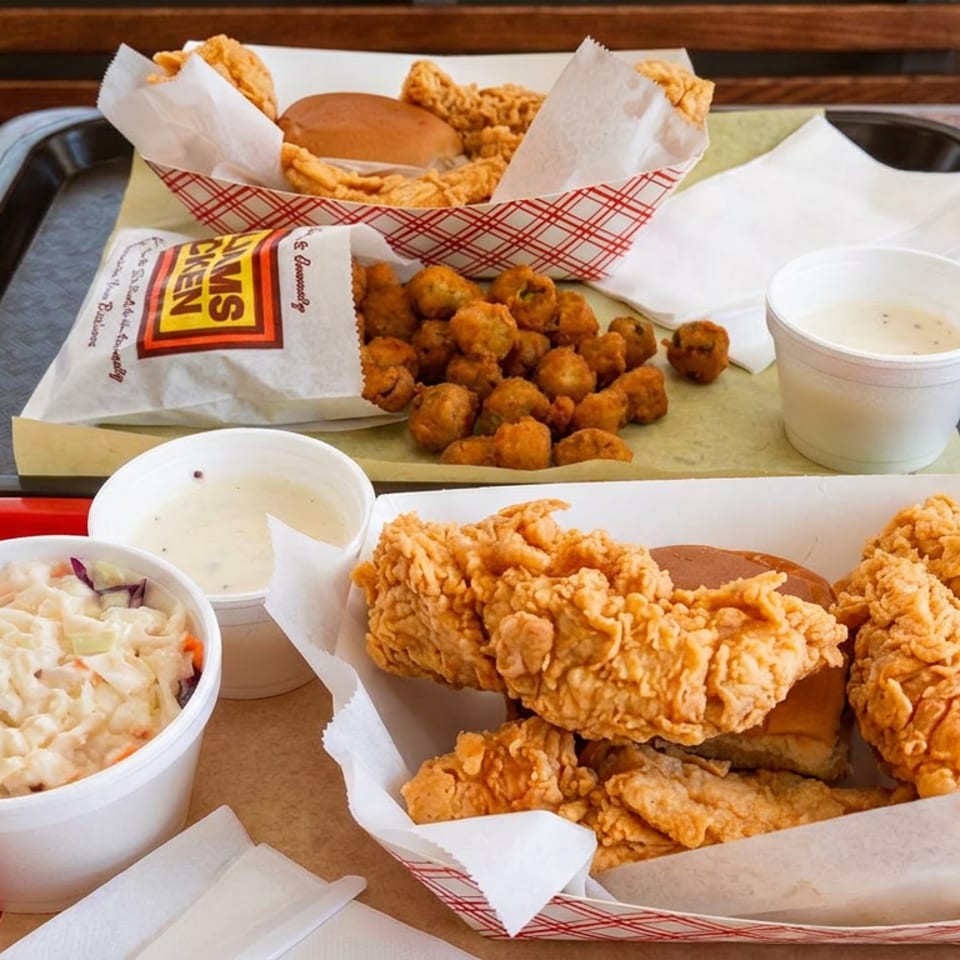 Two restaurant trays hold fried chicken sandwiches, crispy fried bites, coleslaw, and dipping sauces on an outdoor table.