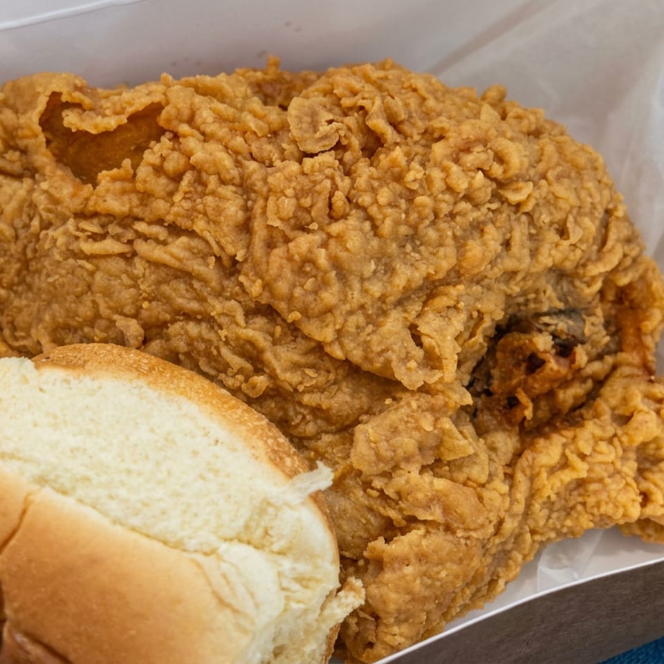 Crispy fried chicken piled beside a plain golden bun in an open cardboard takeout box.