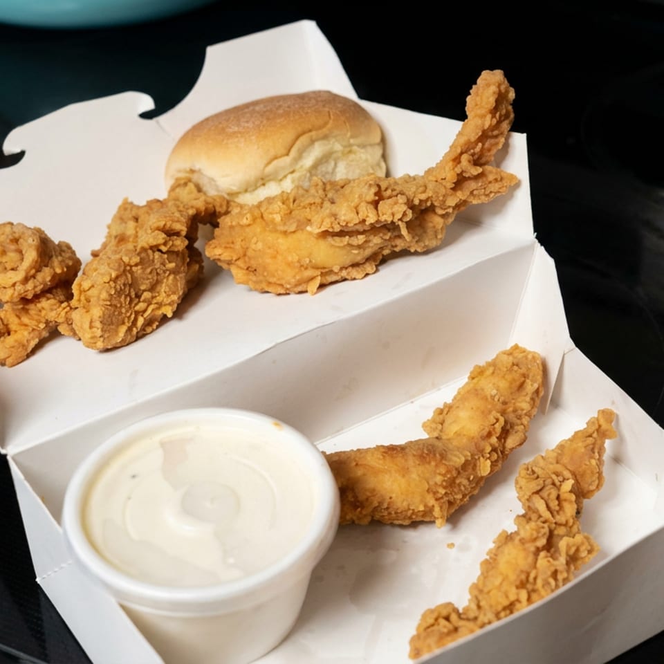 Open takeout box with crispy fried shrimp, a dinner roll, and creamy dipping sauce on a black countertop.
