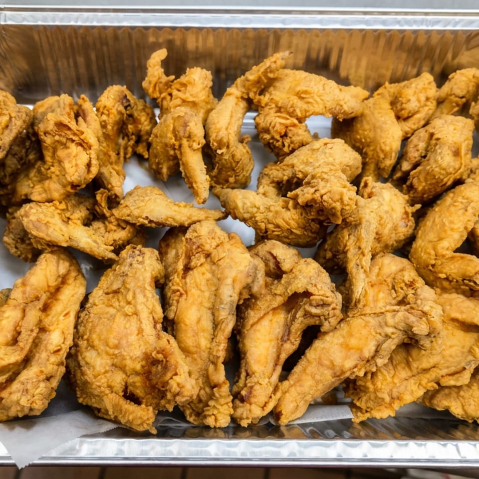 Tray filled with golden-brown crispy fried chicken wings.