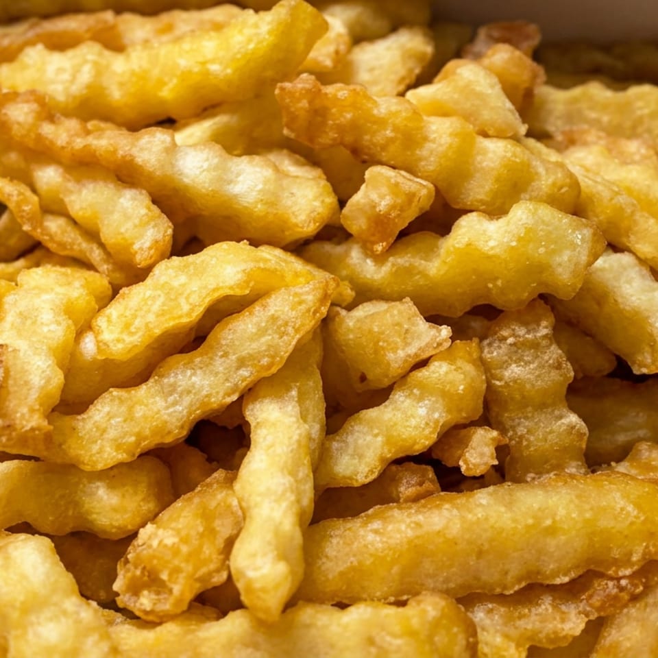 Close-up of a pile of golden, crispy battered fries or vegetable strips.
