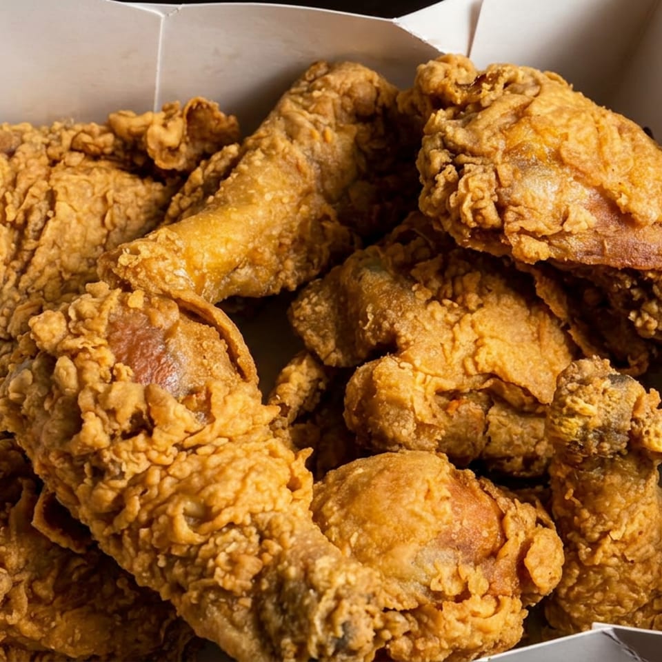 Open cardboard box filled with golden-brown pieces of crispy fried chicken.
