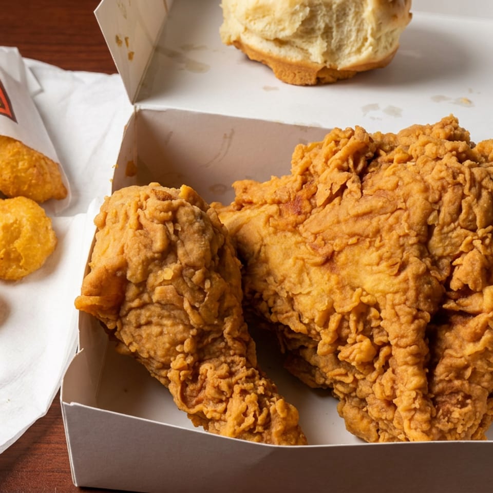 Box of crispy fried chicken with hush puppies, a biscuit, and branded napkins on a wooden table.