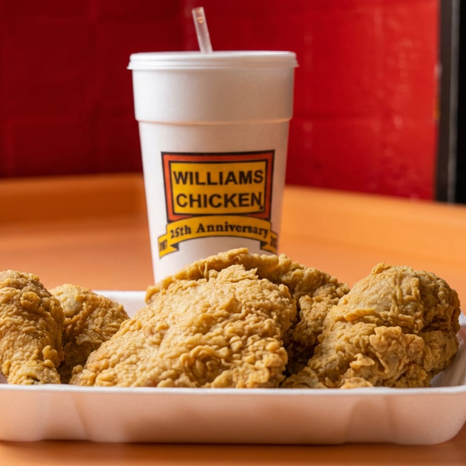 Tray of golden fried chicken pieces with a Williams Chicken drink cup on a wooden table.