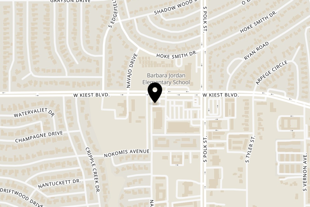 Map showing the location of Williams Fried Chicken Kiest Boulevard on 1212 W Kiest Blvd in Dallas